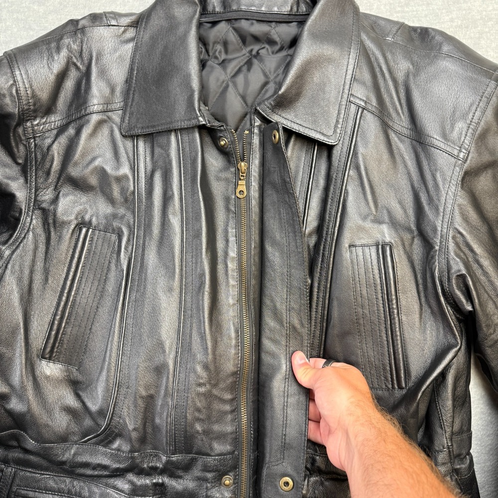 Vintage Leather Jacket Adult L/XL Black Quilt Lined Field Parka Full Zip Cinched - Picture 8 of 16